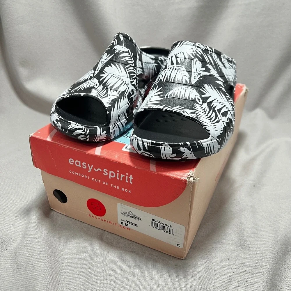 Easy‎ Spirit Tess Slides Comfort Sandals Black White Palm Print Tropical 8M
